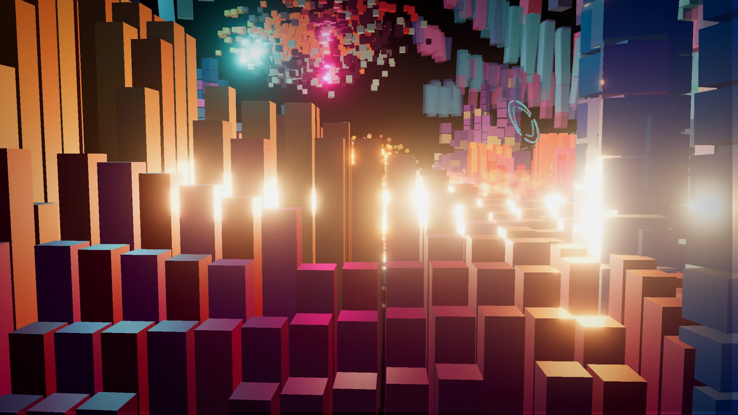 Towers of blue and violet boxels frame a dim star at the center of a ruined orbital city.