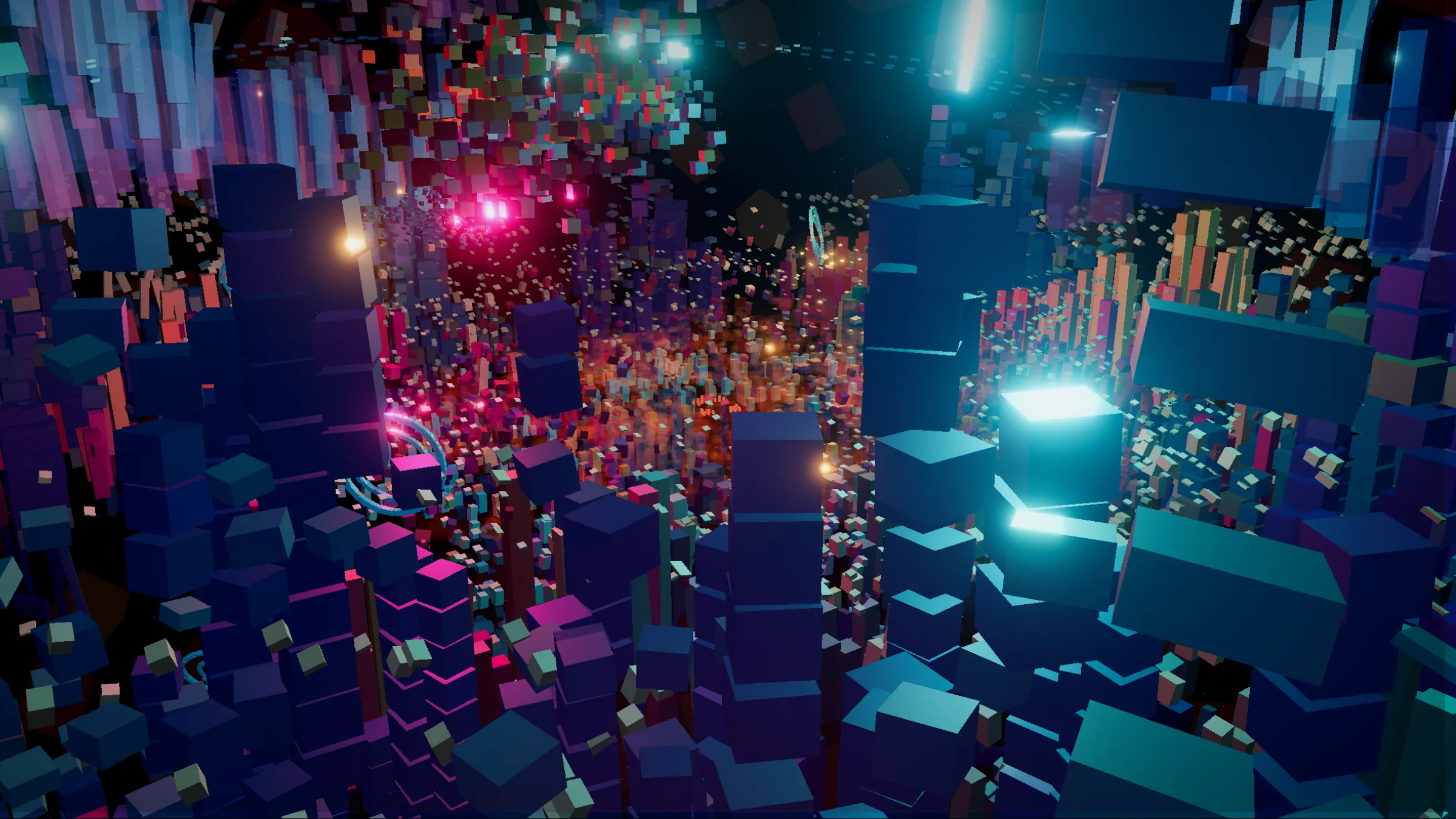 Cyan repair craft trail light through the dark underside of the rebuilt city.