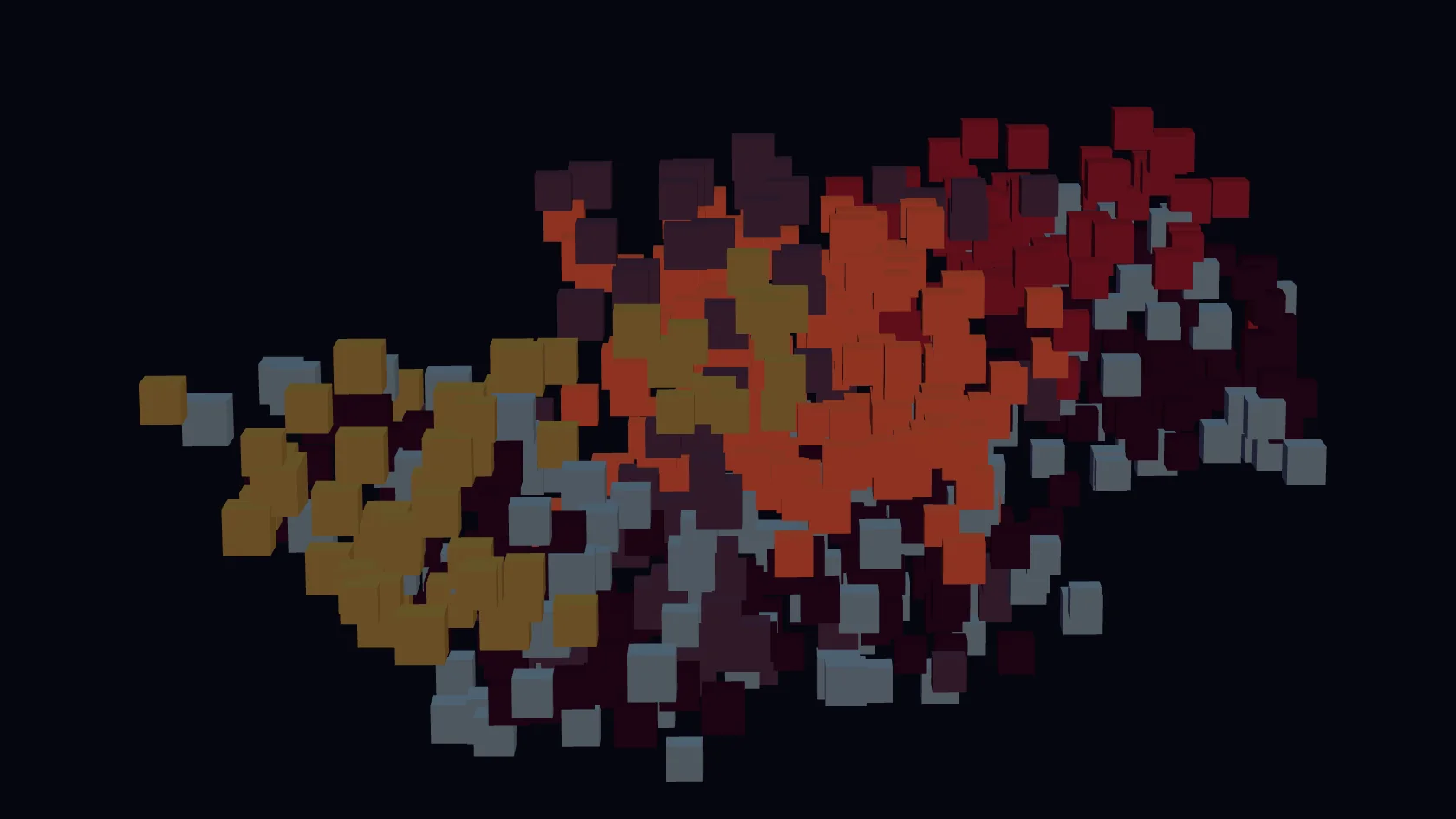 The same boxels seen from 50 degrees to the side, scattered in depth.