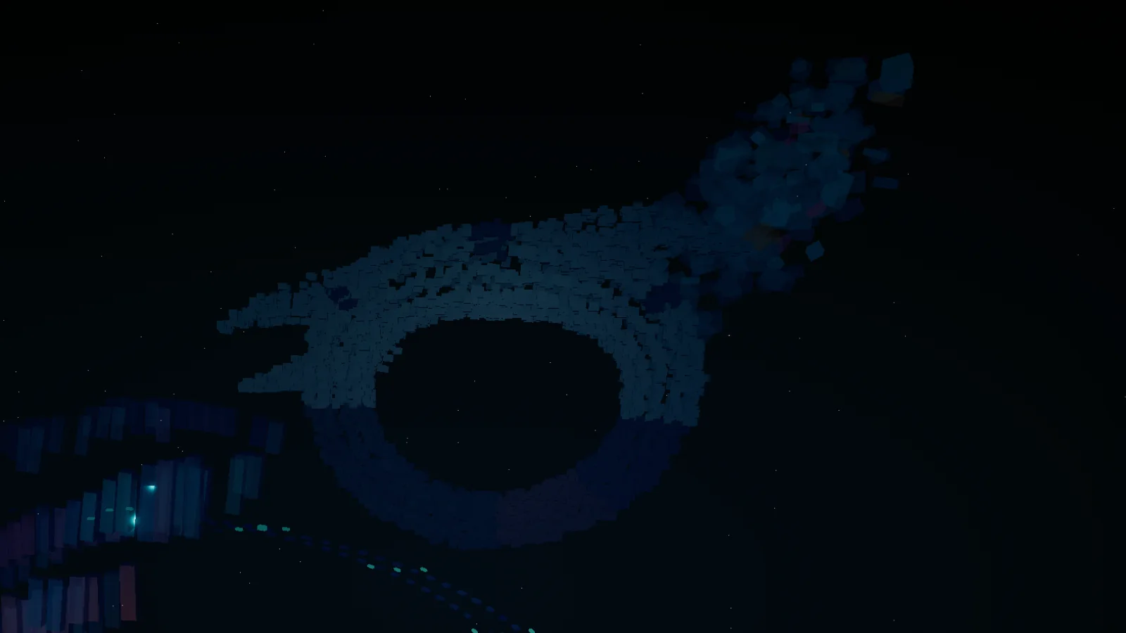 A boxel spacecraft, a swept wing over a dark ring, drifts in the dark at the edge of the system.