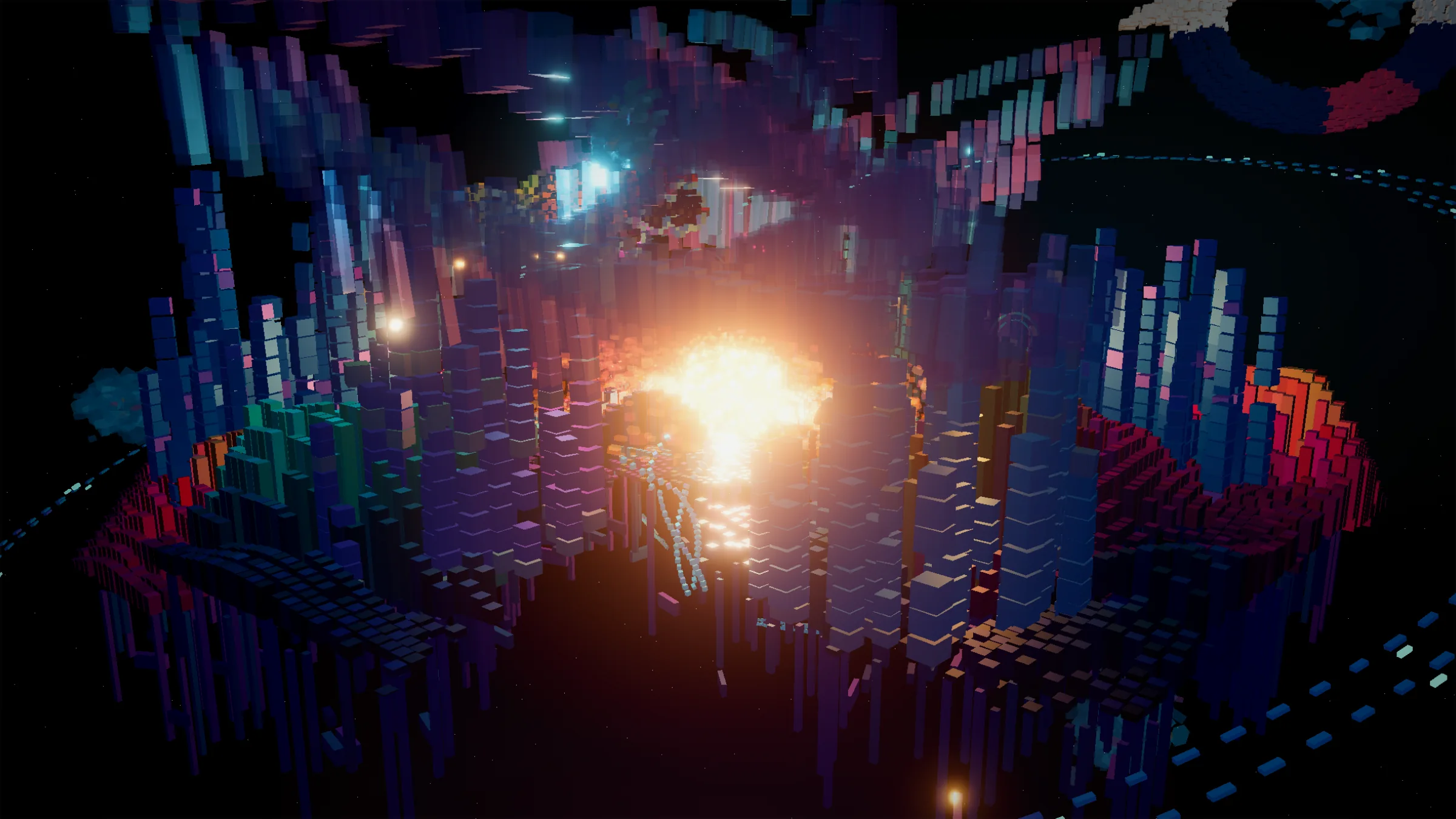 A world of glowing blue and magenta boxel towers around a burning star; machines and lights move through the ruins.