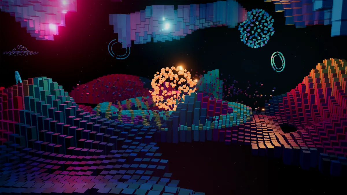Rolling teal, pink and orange boxel terrain around the star, with landforms overhead, cyan rings and a blue moon.