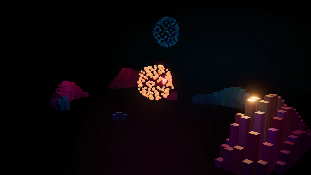 Pink and violet boxel mounds under the fractured star, a sphere of loose orange cubes, with a small sphere of blue cubes above it.