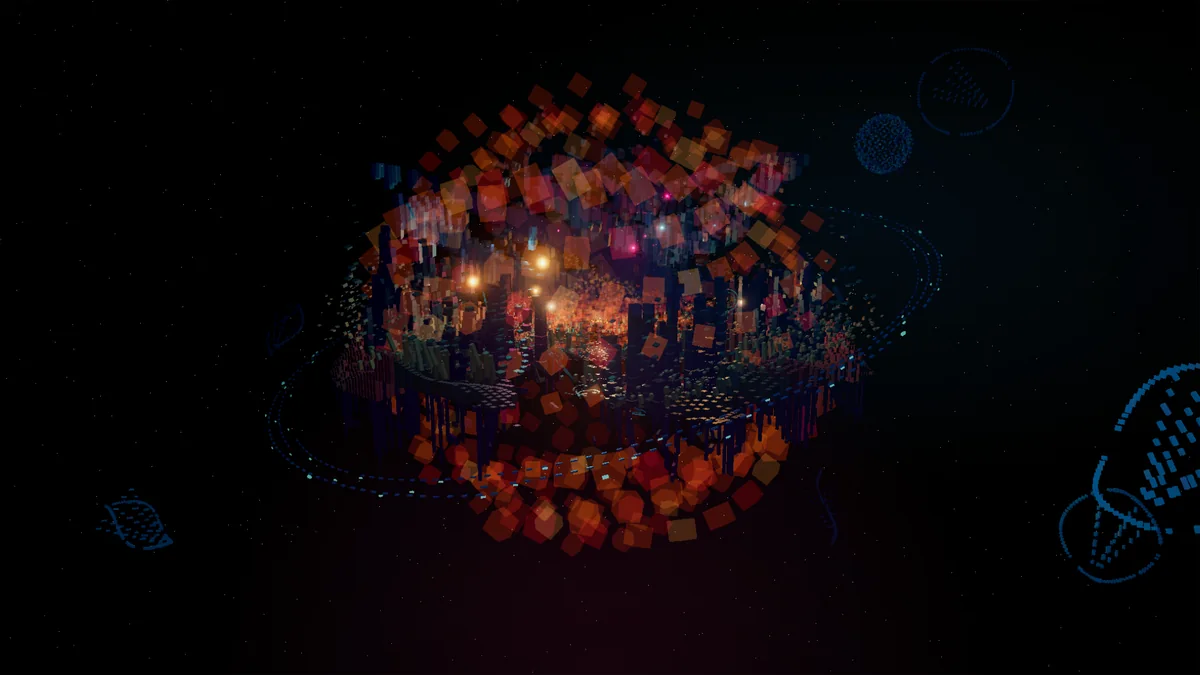 A wide view of the whole civilization bursting outward in a shell of orange and red cubes.