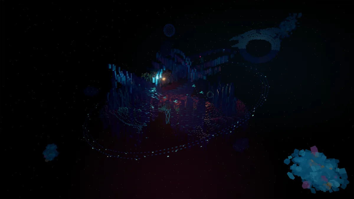 A very wide view: the world sits small in black space, the ring ship faint at upper right, with translucent blue clouds of boxels in front.