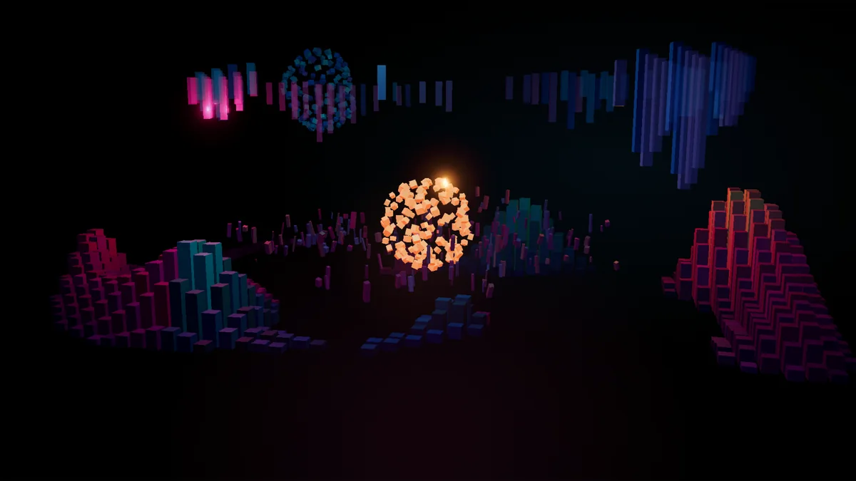 The same landscape, now with floating rows of pink and blue ruined columns in the sky.