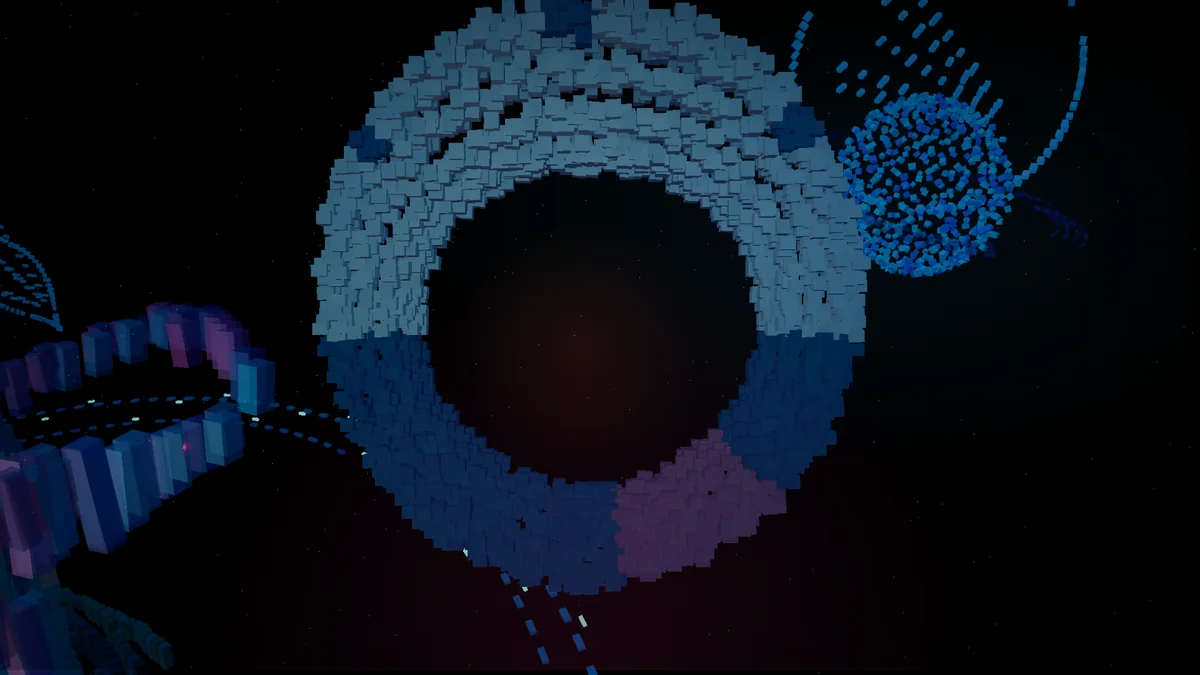 A close view of the Gravity Well ring ship, pale blue boxels around an open center, beside a blue moon.