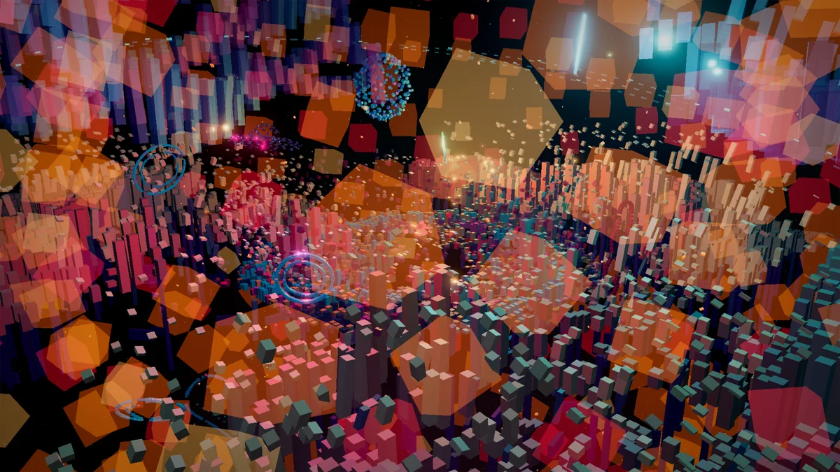 Mid-rupture: the city is engulfed in large translucent orange and pink fragments and flying cubes.