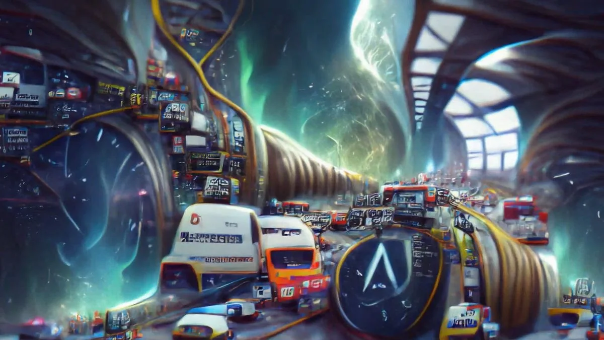 A dreamlike transit hall: buses and machines crowd a curving highway under a vaulted glass roof, with a green aurora beyond.