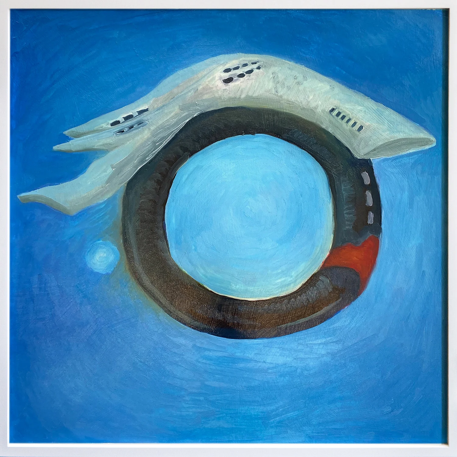 Gravity Well, 2019: a pale swept-wing craft rides over a dark ring against a deep blue sky.
